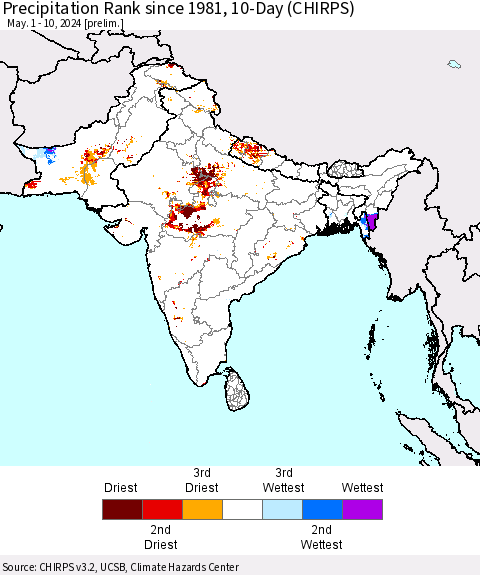 Southern Asia Precipitation Rank since 1981, 10-Day (CHIRPS) Thematic Map For 5/1/2024 - 5/10/2024