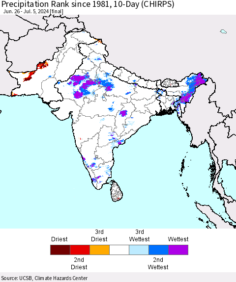 Southern Asia Precipitation Rank since 1981, 10-Day (CHIRPS) Thematic Map For 6/26/2024 - 7/5/2024