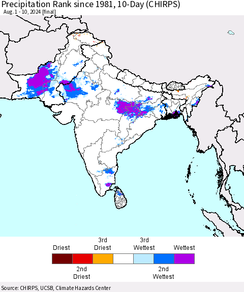 Southern Asia Precipitation Rank since 1981, 10-Day (CHIRPS) Thematic Map For 8/1/2024 - 8/10/2024