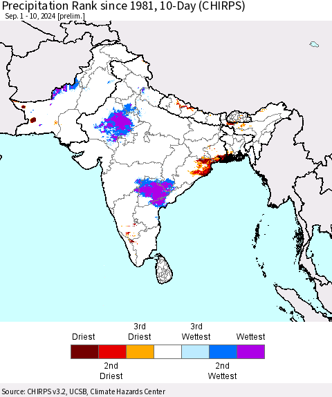 Southern Asia Precipitation Rank since 1981, 10-Day (CHIRPS) Thematic Map For 9/1/2024 - 9/10/2024