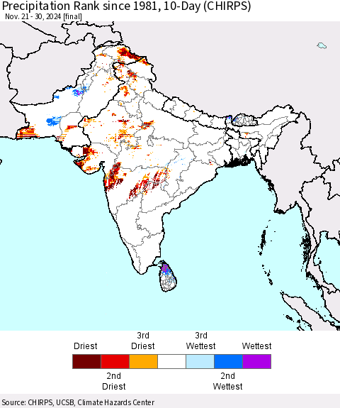 Southern Asia Precipitation Rank since 1981, 10-Day (CHIRPS) Thematic Map For 11/21/2024 - 11/30/2024