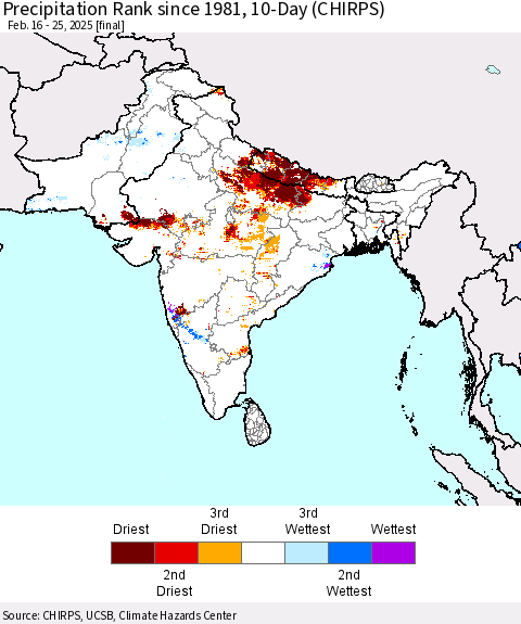 Southern Asia Precipitation Rank since 1981, 10-Day (CHIRPS) Thematic Map For 2/16/2025 - 2/25/2025