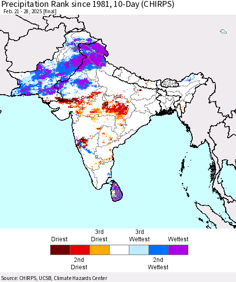 Southern Asia Precipitation Rank since 1981, 10-Day (CHIRPS) Thematic Map For 2/21/2025 - 2/28/2025