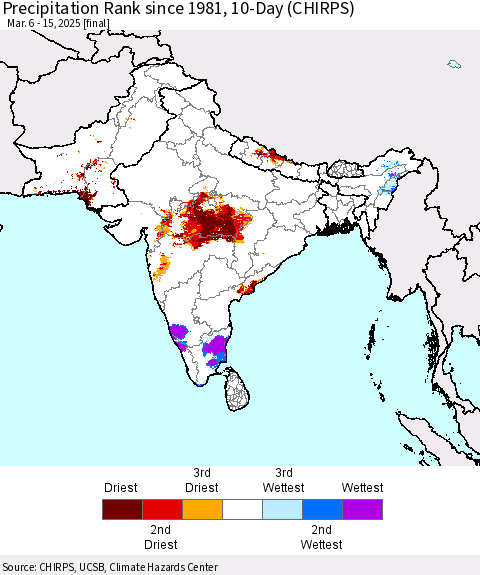 Southern Asia Precipitation Rank since 1981, 10-Day (CHIRPS) Thematic Map For 3/6/2025 - 3/15/2025