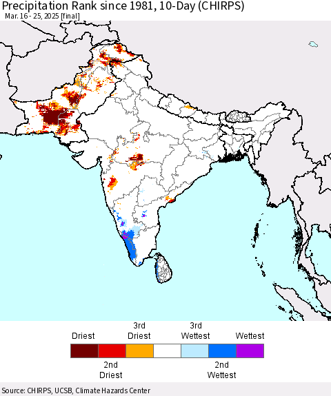 Southern Asia Precipitation Rank since 1981, 10-Day (CHIRPS) Thematic Map For 3/16/2025 - 3/25/2025