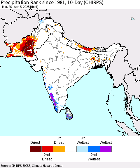 Southern Asia Precipitation Rank since 1981, 10-Day (CHIRPS) Thematic Map For 3/26/2025 - 4/5/2025