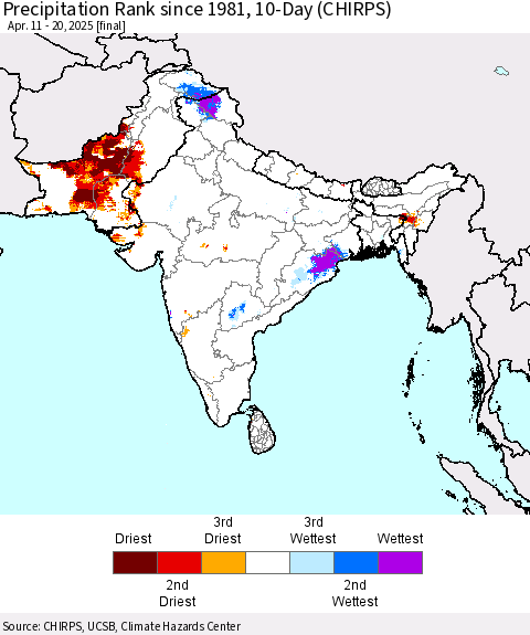 Southern Asia Precipitation Rank since 1981, 10-Day (CHIRPS) Thematic Map For 4/11/2025 - 4/20/2025