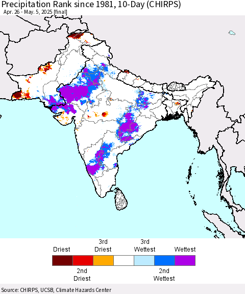 Southern Asia Precipitation Rank since 1981, 10-Day (CHIRPS) Thematic Map For 4/26/2025 - 5/5/2025