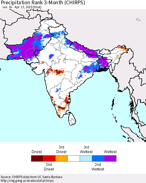Southern Asia Precipitation Rank 3-Month (CHIRPS) Thematic Map For 1/16/2019 - 4/15/2019