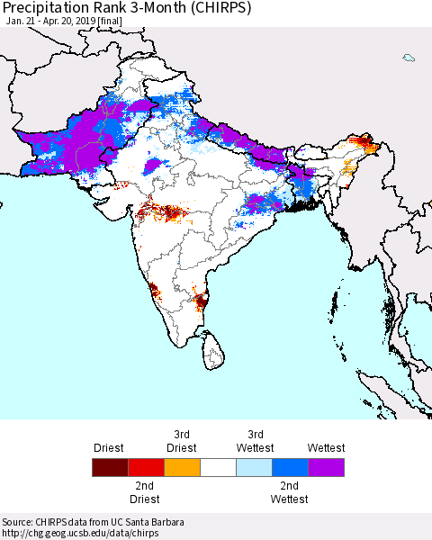 Southern Asia Precipitation Rank since 1981, 3-Month (CHIRPS) Thematic Map For 1/21/2019 - 4/20/2019