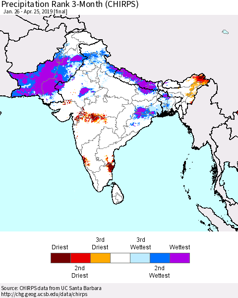 Southern Asia Precipitation Rank 3-Month (CHIRPS) Thematic Map For 1/26/2019 - 4/25/2019