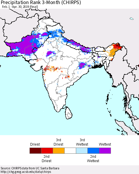 Southern Asia Precipitation Rank since 1981, 3-Month (CHIRPS) Thematic Map For 2/1/2019 - 4/30/2019