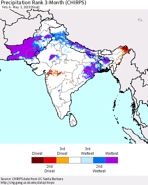 Southern Asia Precipitation Rank 3-Month (CHIRPS) Thematic Map For 2/6/2019 - 5/5/2019