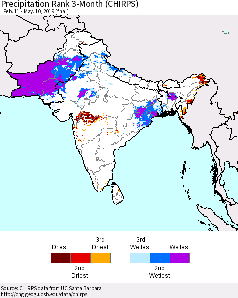 Southern Asia Precipitation Rank 3-Month (CHIRPS) Thematic Map For 2/11/2019 - 5/10/2019