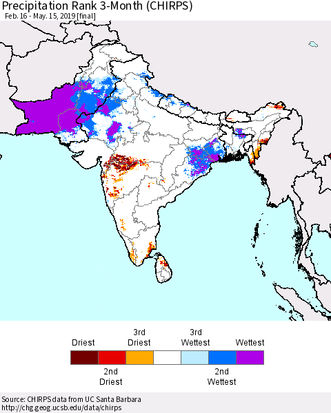 Southern Asia Precipitation Rank since 1981, 3-Month (CHIRPS) Thematic Map For 2/16/2019 - 5/15/2019