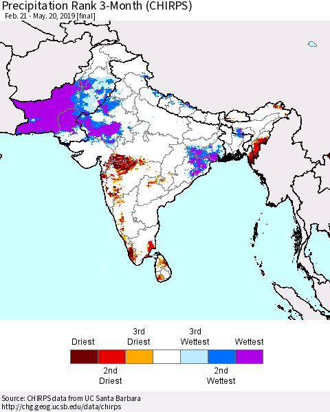 Southern Asia Precipitation Rank 3-Month (CHIRPS) Thematic Map For 2/21/2019 - 5/20/2019