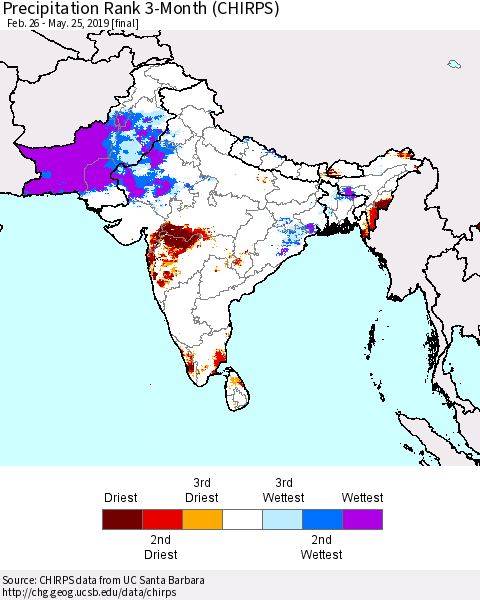 Southern Asia Precipitation Rank 3-Month (CHIRPS) Thematic Map For 2/26/2019 - 5/25/2019