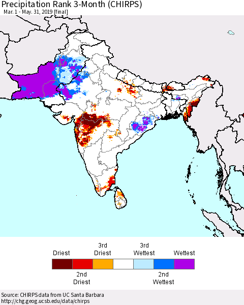 Southern Asia Precipitation Rank 3-Month (CHIRPS) Thematic Map For 3/1/2019 - 5/31/2019