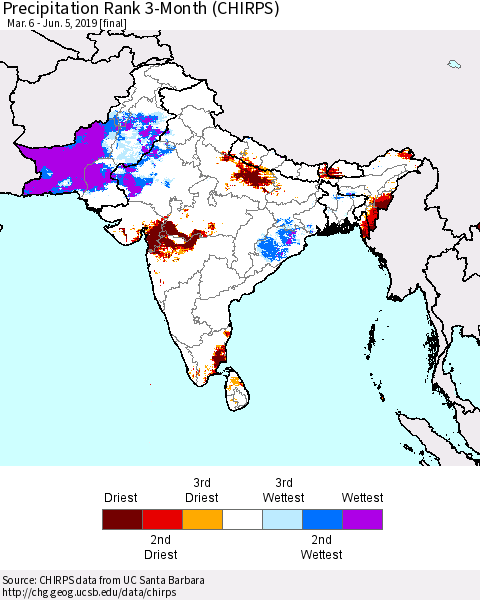 Southern Asia Precipitation Rank since 1981, 3-Month (CHIRPS) Thematic Map For 3/6/2019 - 6/5/2019