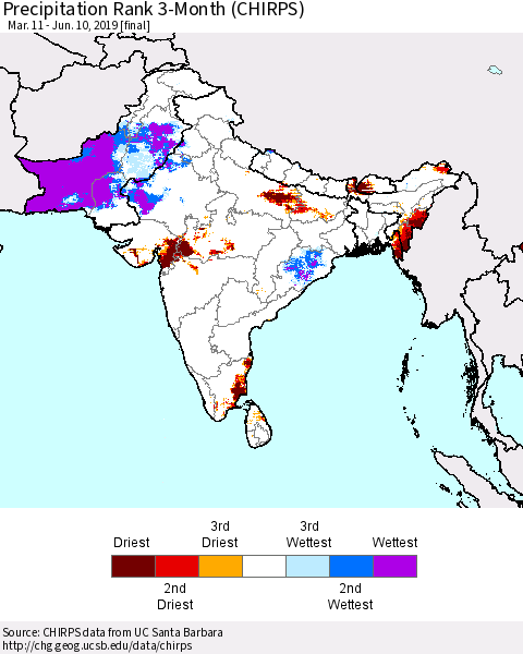 Southern Asia Precipitation Rank 3-Month (CHIRPS) Thematic Map For 3/11/2019 - 6/10/2019