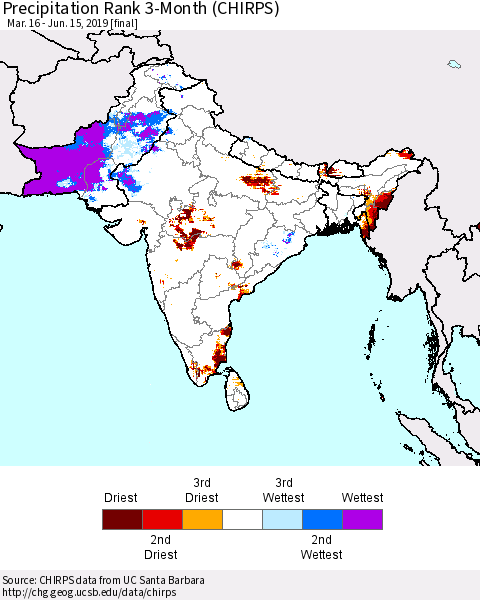Southern Asia Precipitation Rank since 1981, 3-Month (CHIRPS) Thematic Map For 3/16/2019 - 6/15/2019