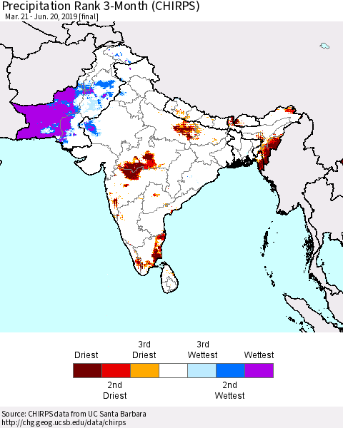 Southern Asia Precipitation Rank 3-Month (CHIRPS) Thematic Map For 3/21/2019 - 6/20/2019