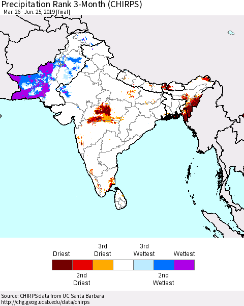 Southern Asia Precipitation Rank 3-Month (CHIRPS) Thematic Map For 3/26/2019 - 6/25/2019