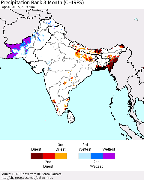 Southern Asia Precipitation Rank 3-Month (CHIRPS) Thematic Map For 4/6/2019 - 7/5/2019