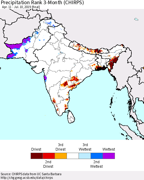 Southern Asia Precipitation Rank 3-Month (CHIRPS) Thematic Map For 4/11/2019 - 7/10/2019