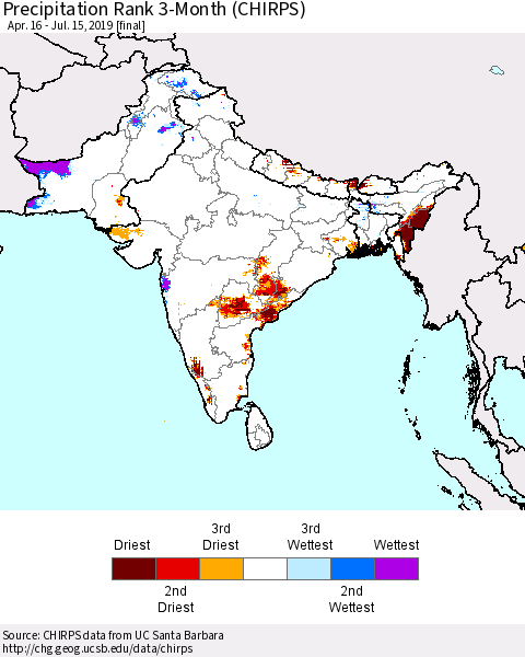 Southern Asia Precipitation Rank since 1981, 3-Month (CHIRPS) Thematic Map For 4/16/2019 - 7/15/2019