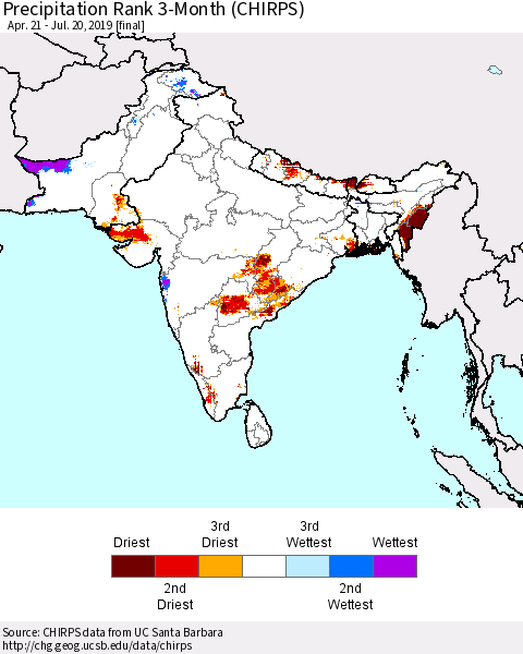 Southern Asia Precipitation Rank 3-Month (CHIRPS) Thematic Map For 4/21/2019 - 7/20/2019