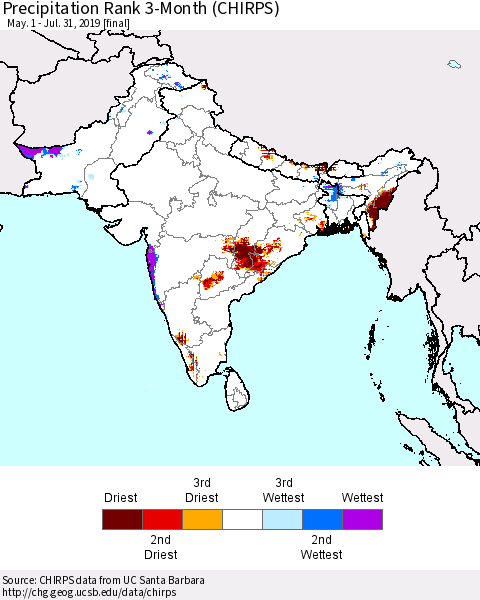 Southern Asia Precipitation Rank 3-Month (CHIRPS) Thematic Map For 5/1/2019 - 7/31/2019