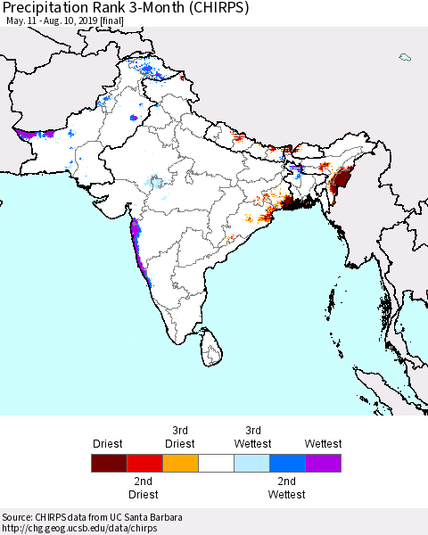 Southern Asia Precipitation Rank 3-Month (CHIRPS) Thematic Map For 5/11/2019 - 8/10/2019