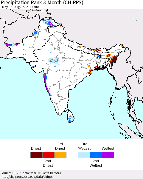 Southern Asia Precipitation Rank 3-Month (CHIRPS) Thematic Map For 5/16/2019 - 8/15/2019