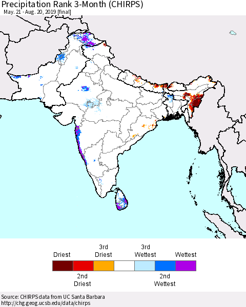 Southern Asia Precipitation Rank since 1981, 3-Month (CHIRPS) Thematic Map For 5/21/2019 - 8/20/2019