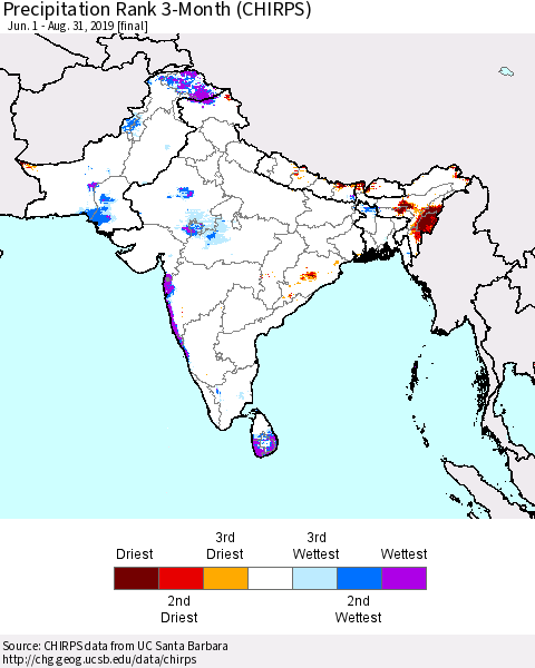 Southern Asia Precipitation Rank 3-Month (CHIRPS) Thematic Map For 6/1/2019 - 8/31/2019