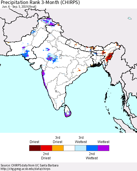 Southern Asia Precipitation Rank 3-Month (CHIRPS) Thematic Map For 6/6/2019 - 9/5/2019