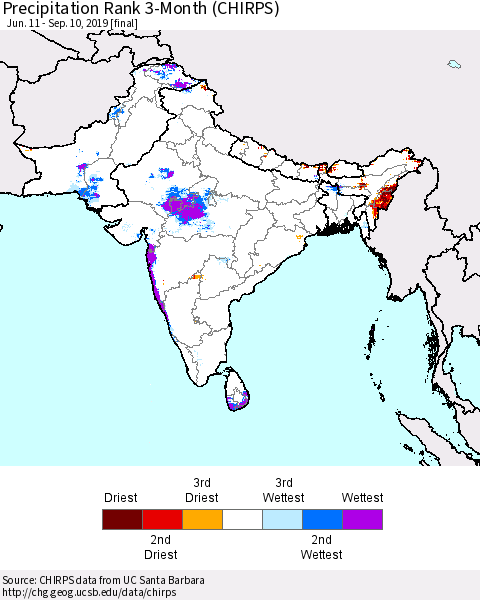 Southern Asia Precipitation Rank since 1981, 3-Month (CHIRPS) Thematic Map For 6/11/2019 - 9/10/2019