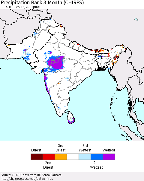 Southern Asia Precipitation Rank 3-Month (CHIRPS) Thematic Map For 6/16/2019 - 9/15/2019