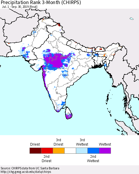 Southern Asia Precipitation Rank 3-Month (CHIRPS) Thematic Map For 7/1/2019 - 9/30/2019