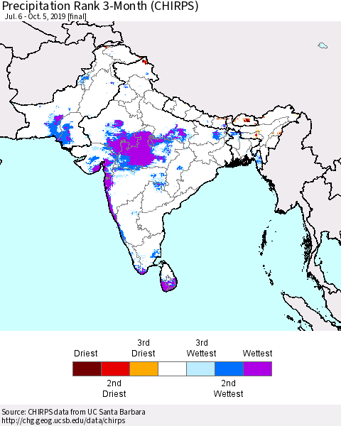Southern Asia Precipitation Rank 3-Month (CHIRPS) Thematic Map For 7/6/2019 - 10/5/2019