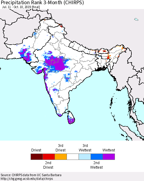 Southern Asia Precipitation Rank 3-Month (CHIRPS) Thematic Map For 7/11/2019 - 10/10/2019