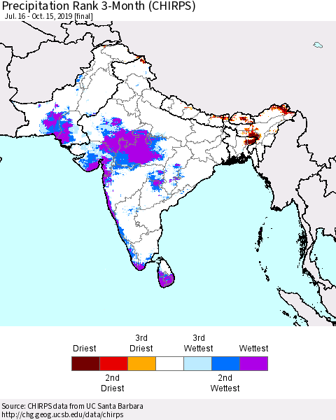 Southern Asia Precipitation Rank 3-Month (CHIRPS) Thematic Map For 7/16/2019 - 10/15/2019