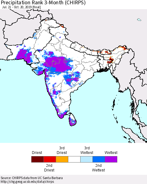 Southern Asia Precipitation Rank 3-Month (CHIRPS) Thematic Map For 7/21/2019 - 10/20/2019