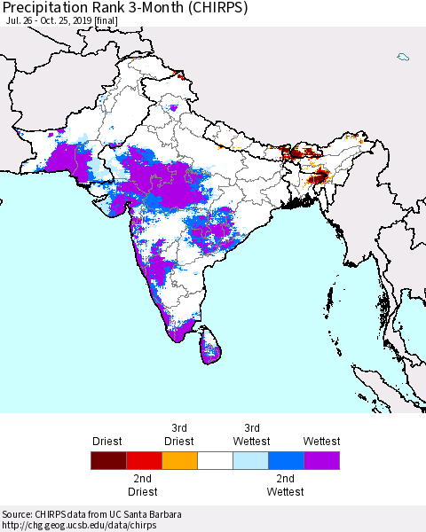 Southern Asia Precipitation Rank 3-Month (CHIRPS) Thematic Map For 7/26/2019 - 10/25/2019