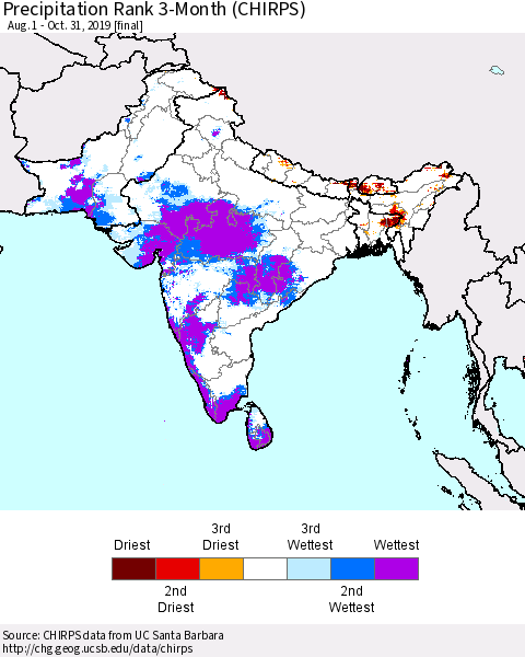 Southern Asia Precipitation Rank 3-Month (CHIRPS) Thematic Map For 8/1/2019 - 10/31/2019