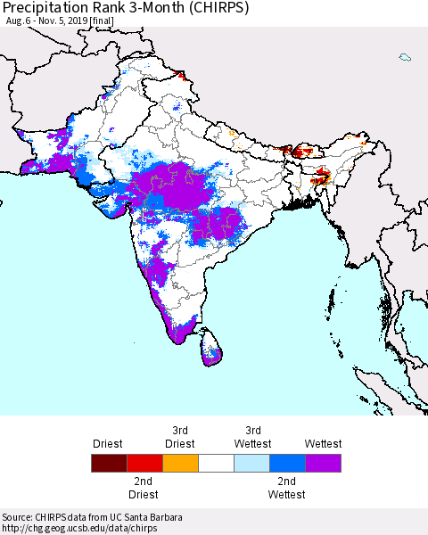 Southern Asia Precipitation Rank 3-Month (CHIRPS) Thematic Map For 8/6/2019 - 11/5/2019