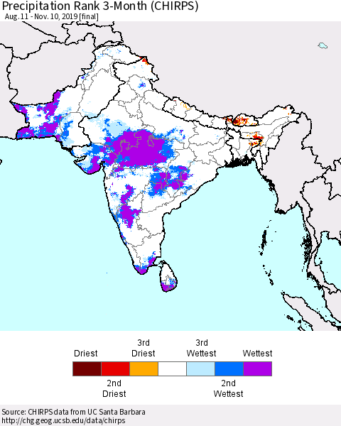 Southern Asia Precipitation Rank since 1981, 3-Month (CHIRPS) Thematic Map For 8/11/2019 - 11/10/2019