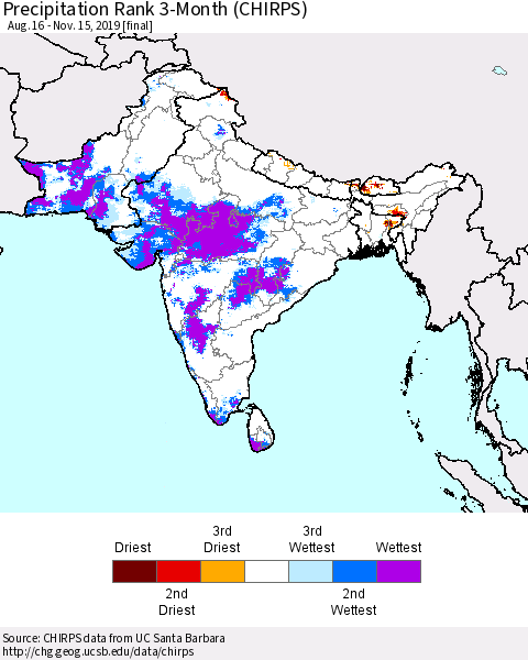 Southern Asia Precipitation Rank since 1981, 3-Month (CHIRPS) Thematic Map For 8/16/2019 - 11/15/2019