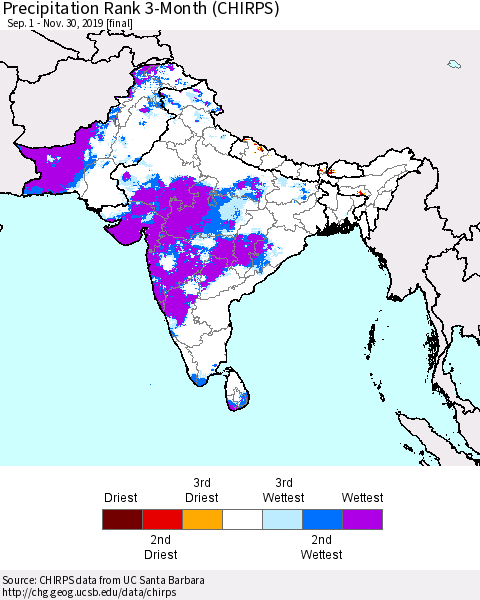 Southern Asia Precipitation Rank 3-Month (CHIRPS) Thematic Map For 9/1/2019 - 11/30/2019